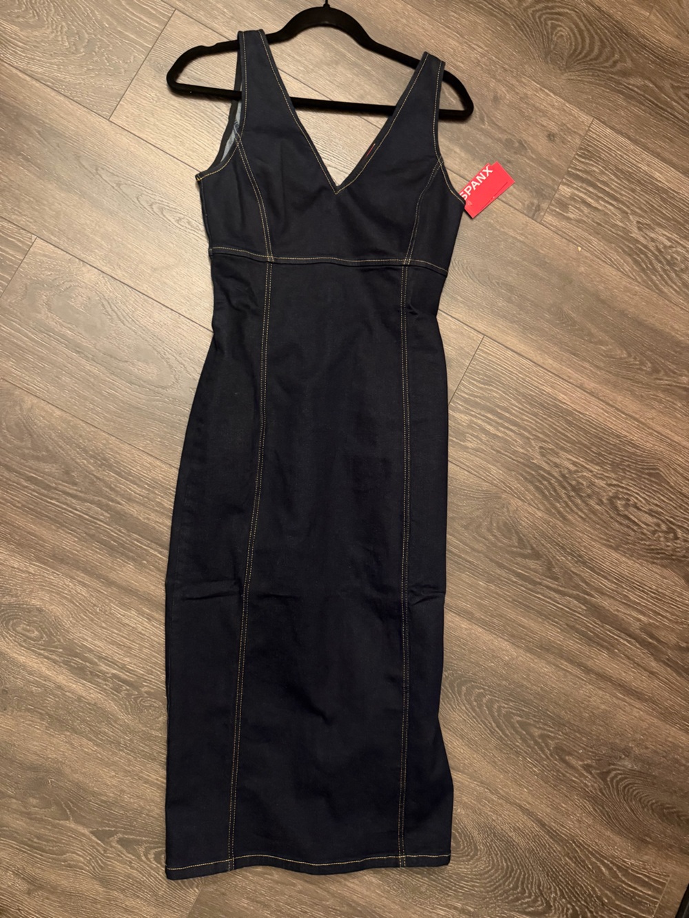 SPANX dark navy denim-style sleeveless midi dress with contrast stitching